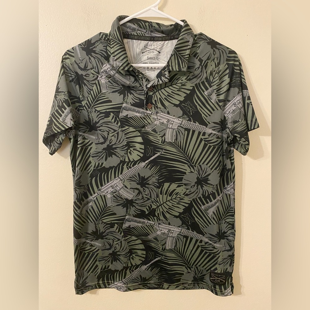 Mens Grunt Style Green Hawaiian Style Palm Machine Gun Polo‎ Shirt Size Small
